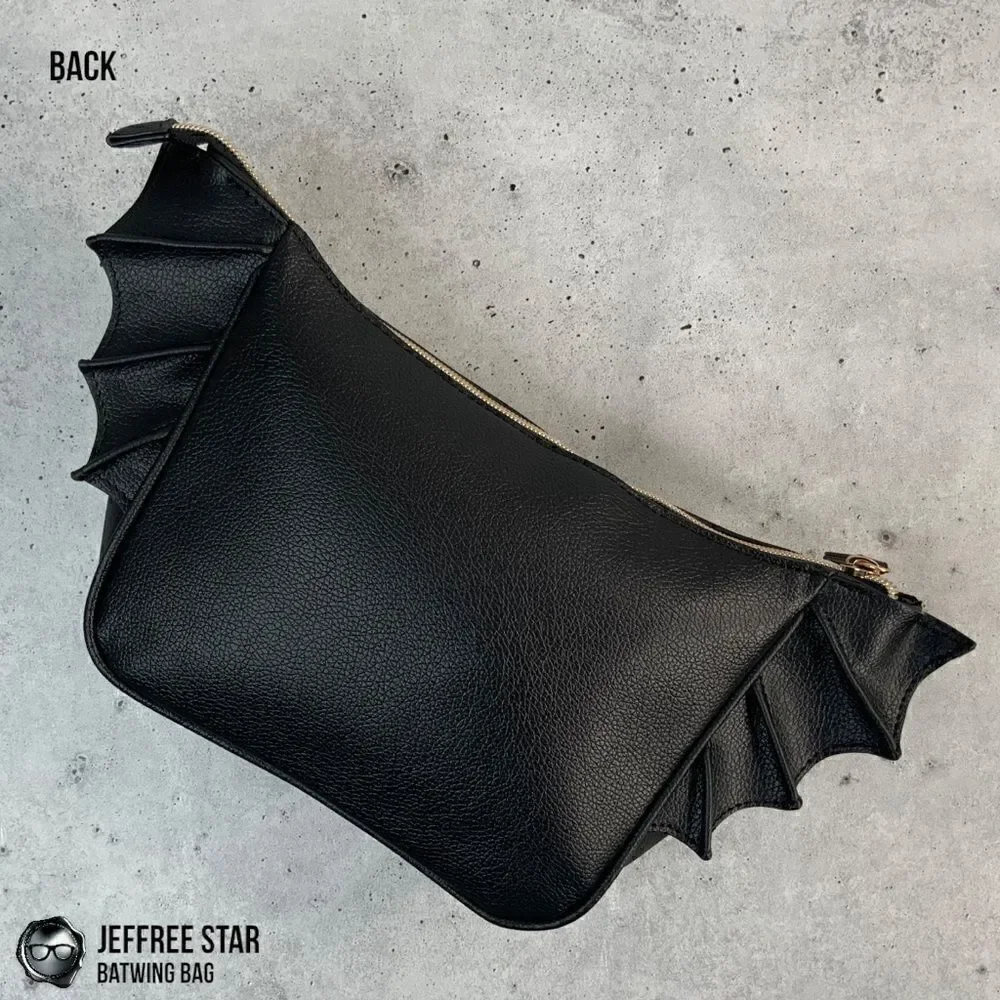 JEFFREE STAR BAT PURSE ZIPPER MAKEUP COSMETIC BAG IN BLACK VEGAN LEATHER BATWING